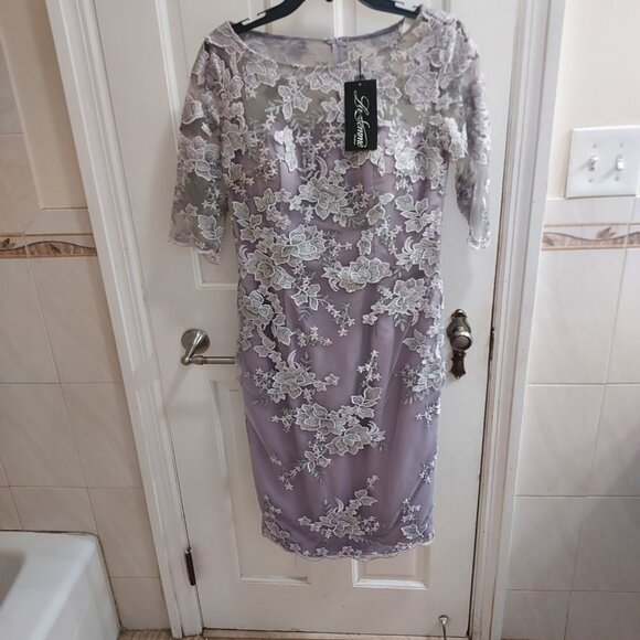 LA FEMME Lavender Purple Embroidered Floral Lace Sheath Dress - Picture 1 of 8
